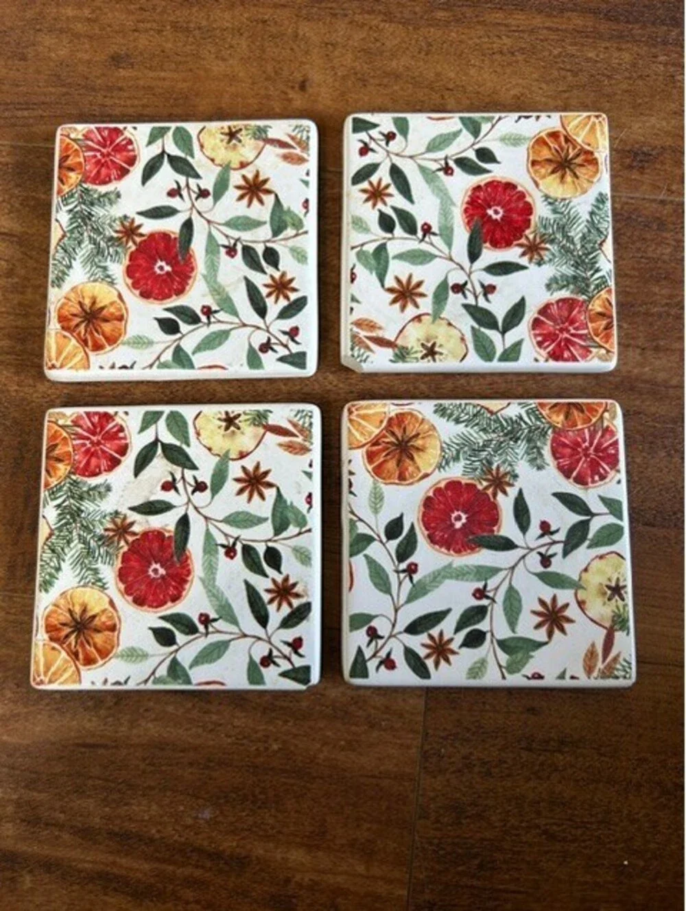 Set of 4 Ceramic Coasters with Citrus and Botanical Design